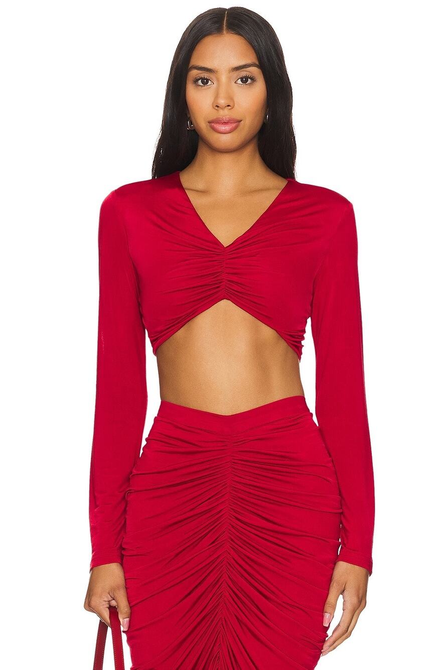 YAURA Kaira Cropped Top Ruched Jersey Long Sleeve Evening Night Out Fall S